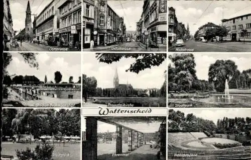 Ak Wattenscheid Bochum Ruhrgebiet, Straßenansichten, Bad, Park, Ehrenmal, Freilichtbühne, Kirche