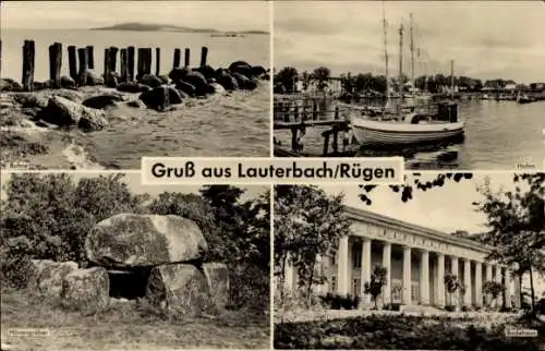 Ak Lauterbach Putbus auf der Insel Rügen, Badehaus, Hafen, Segelboot, Hünengräber, Buhne