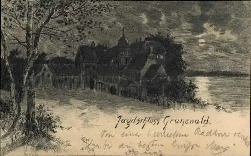 Künstler Ak Jander, Carl, Berlin Zehlendof Dahlem, Jagdschloss Grunewald bei Nacht