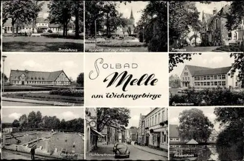 Ak Melle am Wiekengebirge, Badehaus, Kurpark, Kirche, Rathaus, Gymnasium, Freibad