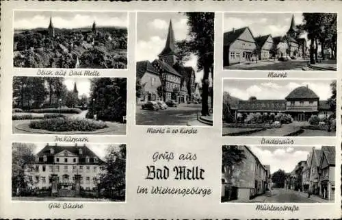 Ak Melle in Niedersachsen, Markt, Kirche, Badehaus, Mühlenstraße, Kurpark, Gut Buche