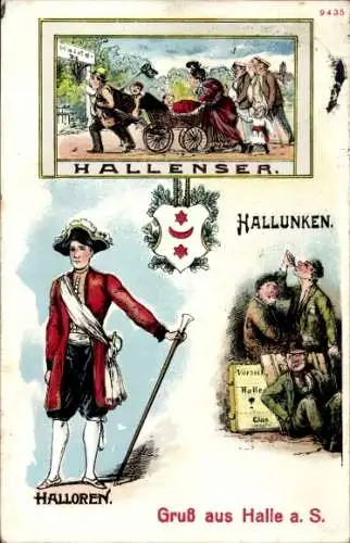 Wappen Litho Halle an der Saale, Hallenser, Halloren, Hallunken