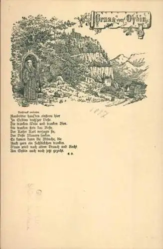 Litho Oybin in der Oberlausitz, Berg Oybin, Mönch, Gedicht Raubritter hausten einst hier