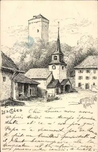 Künstler Ak Les Clées Kanton Waadt, Ortspartie, Kirche, Turm