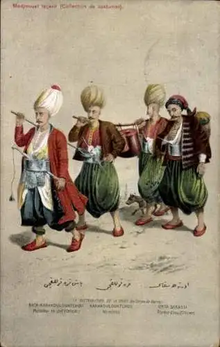 Künstler Ak Türkei, Medjmoual tecavor, Offiziere in Uniformen, Tracht, Marmitons, Suppenverteilung