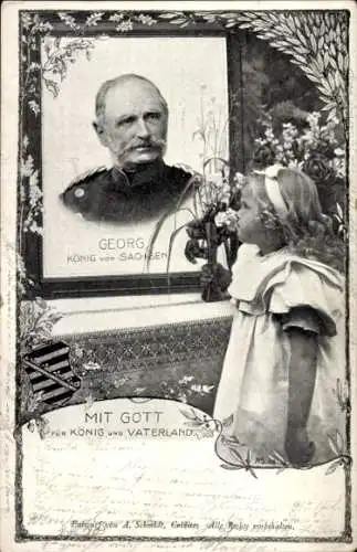 Passepartout Ak König Georg von Sachsen, Mit Gott für König und Vaterland, Mädchen, Trauerkarte