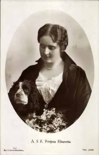 Ak Elisabeth von Rumänien, Königin Elisabeth von Griechenland, Portrait mit Spaniel