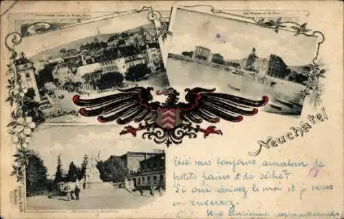 Passepartout Ak Neuchâtel Neuenburg Stadt, Stadtansichten, Adler Wappen