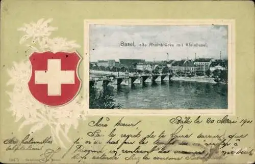 Präge Wappen Passepartout Ak Neuchâtel Neuenburg Stadt, alte Rheinbrücke mit Kleinbasel