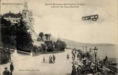 Ak Monte-Carlo Monaco, Henri Rougier auf dem Voisin-Doppeldecker auf dem Rückflug von Cap-Martin