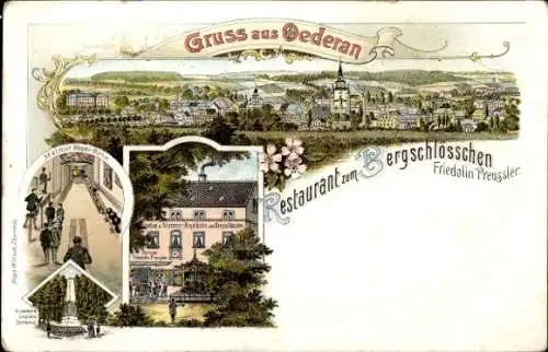 Litho Oederan Sachsen, Restaurant zum Bergschlösschen, Inh. Friedolin Preussler, Marmor Kegelbahn