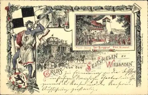 Wappen Litho Wiesbaden in Hessen, Festspiele, Historisches Drama Der Burggraf