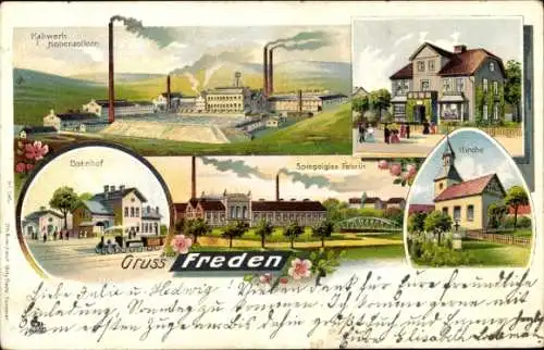 Litho Freden in Niedersachsen, Bahnhof, Kaliwerk Hohenzollern, Spiegelglas Fabrik, Kirche, Geschäft
