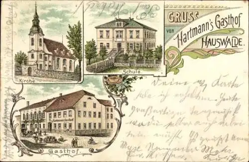 Litho Bretnig Hauswalde Großröhrsdorf in Sachsen, Kirche, Schule, Gasthof