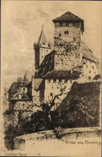 Set von 6 Künstler Ansichtakarte Nürnberg ,Fünfeckiger Turm, Burgeingang etc.