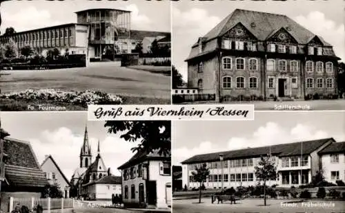 Ak Viernheim in Hessen, Schillerschule, St. Apostelkirche, Fa. Fourmann, Friedrich Fröbelschule