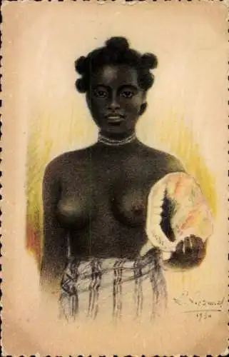 Künstler Ak Madagaskar, Jeune fille au coquillage, Expo Coloniale Internationale de Paris 1931