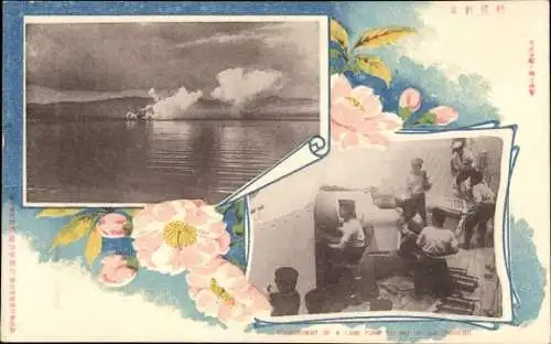 Passepartout Ak Japanische Marine, japanische Seeleute am Bordgeschütz, Bombardement