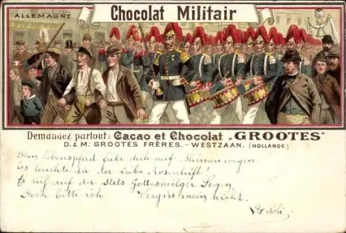 Litho Deutsche Armee, Chocolat Militair, Cacao und Schokolade Grootes, Westzaan