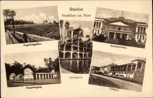 Ak Frankfurt am Main, Stadion, Kugelfangplätze, Sprungturm, Freilichtbühne, Tribüne, Haupteingang