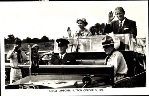 Ak Jubilee Jamboree, Sutton Coldfield, 1957, Königin Elizabeth II, Prinz Philip, Automobil