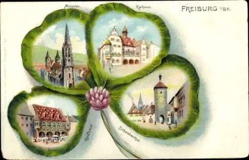 Kleeblatt Litho Freiburg im Breisgau, Münster, Rathaus, Kaufhaus, Schwabentor