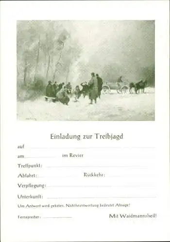 Künstler Ak Einladung zur Treibjagd, Jagdmotiv, Winter