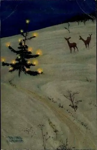 Jugendstil Künstler Ak Kirchner, Raphael, Tannenbaum, Winterlandschaft, Rehe