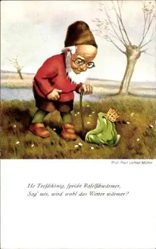 Künstler Ak Müller, Paul Lothar, Zwerg Rasselschwärmer, Froschkönig