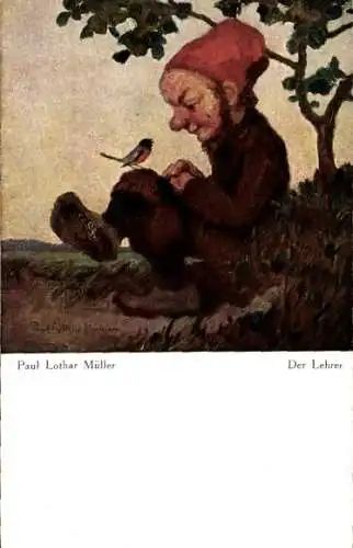 Künstler Ak Müller, Paul Lothar, Der Lehrer, Zwerg, Vogel