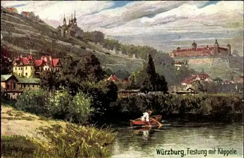 Ak Würzburg am Main Unterfranken, Festung Marienberg, Käppele, Ruderboot