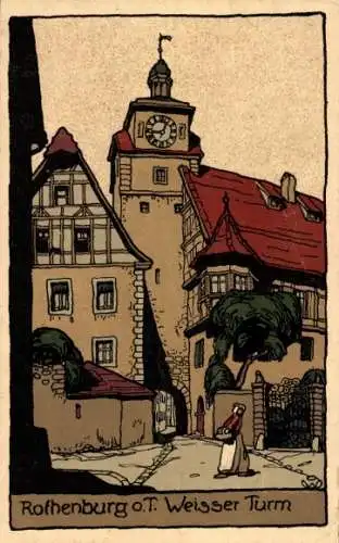 Steindruck Ak Rothenburg ob der Tauber Mittelfranken, Weißer Turm, Straßenpartie