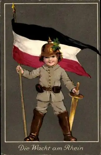 Ak Die Wacht am Rhein, Junge in Uniform, Fahne