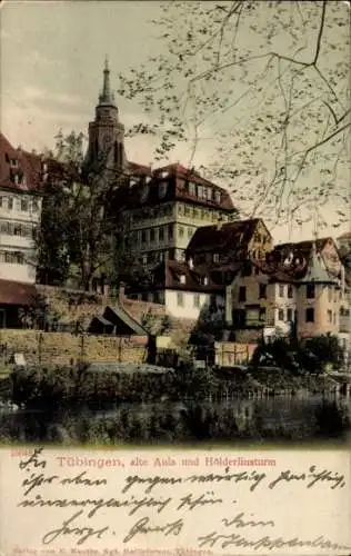 Ak Tübingen am Neckar, Flussufer, alte Aula, Hölderlinsturm, Häuser