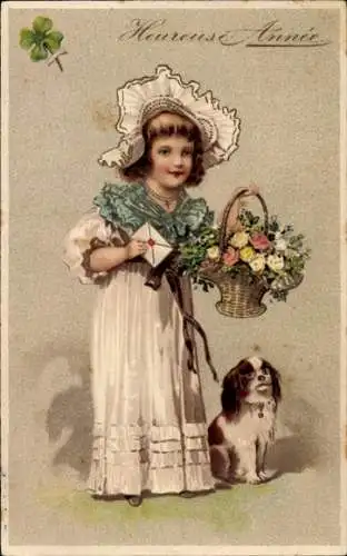 Litho Glückwunsch Neujahr, Mädchen mit Blumenkorb, Hund, Kleeblatt