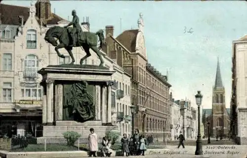 Ak Oostende Ostende Westflandern, Boulevard Rogier, Place Leopold I., Statue