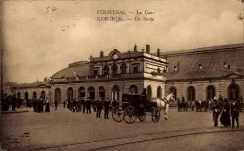 Ak Kortrijk Courtrai Westflandern, Bahnhof, Pferdekutsche