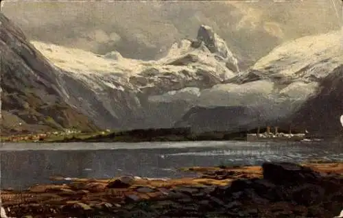 Ak Norwegen, Romsdalshorn, Blick zum Berg, Fluss, Dampfer