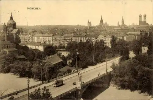 Ak München, Stadtpanorama, Brücke, Straßenbahn