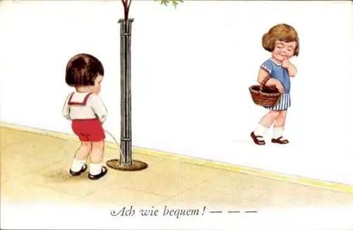 Künstler Ak Wills, John, Junge pinkelt gegen einen Baum, nachdenkliches Mädchen