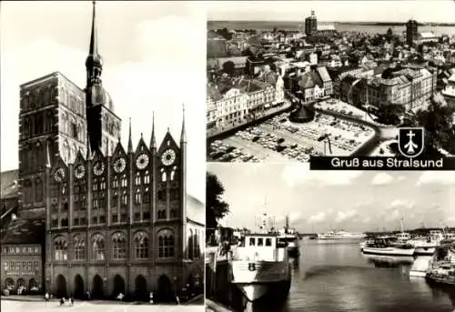 Ak Stralsund in Vorpommern, Wappen, Stadtansicht, Rathaus, Kirche, Hafen, Boote