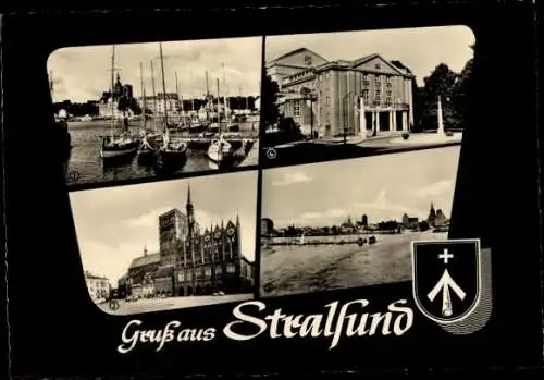 Ak Stralsund in Vorpommern, Wappen, Hafen, Rathaus, alter Markt, Theater der Weststadt