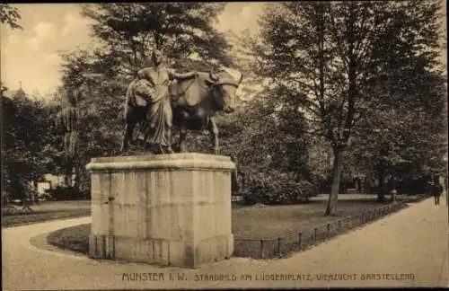 Ak Münster in Westfalen, Standbild, Ludgeriplatz, Viehzucht darstellend