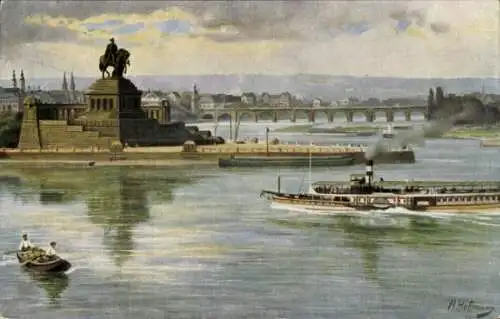 Ak Koblenz am Rhein, Deutsches Eck, Zusammenfluss Mosel Rhein, Kaiser Wilhelm Denkmal, Schiff