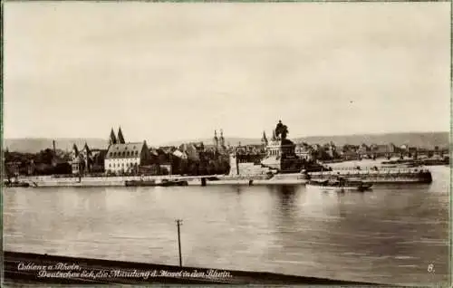 Ak Koblenz am Rhein, Deutsches Eck, Mündung Mosel Rhein, Kaiser Wilhelm Denkmal, Schiff