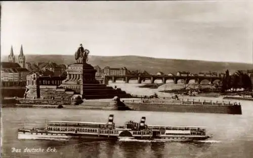 Ak Koblenz am Rhein, Deutsches Eck, Kaiser Wilhelm Denkmal, Passagierschiff