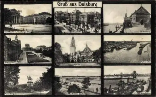 Ak Duisburg im Ruhrgebiet, Rathaus, Hafen, Königstraße, Schifferbörse, Rheinbrücke, Königsplatz