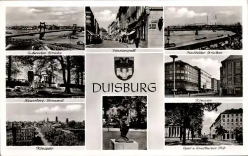 Ak Duisburg im Ruhrgebiet, Wappen, Oper, Duisburger Hof, Königstraße, Hochfelder Brücken, Sonnenwall