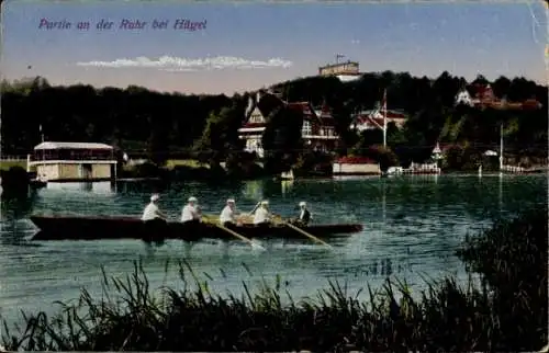 Ak Bredeney Essen im Ruhrgebiet, Villa Hügel, Ruderboot auf der Ruhr, Restaurant Waldschenke