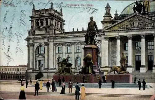 Ak Berlin Tiergarten, Bismarckdenkmal vor dem Reichstagsgebäude
